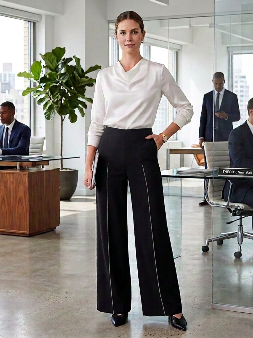 Theory Black Wide Leg Dress Pants with White Embroidery Seams - Size 2